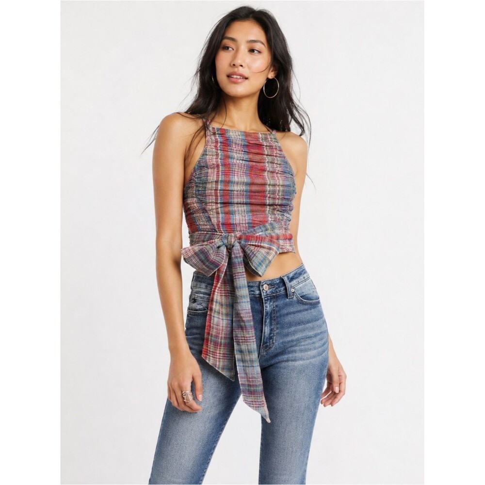 Free People Real Love Crop Top Women’s S Red Blue Plaid Ruched Wrap Y2K Boho